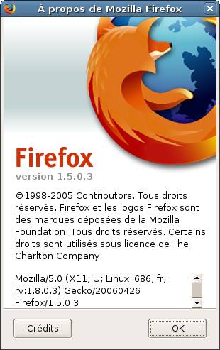 Capture de la fenêtre "A propos de Firefox 1.5.0.3.