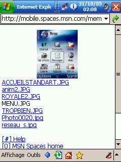 Capture de la version Mobile d'MSN Space sur Pocket PC.