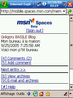 Capture de la version Mobile d'MSN Space sur Pocket PC.