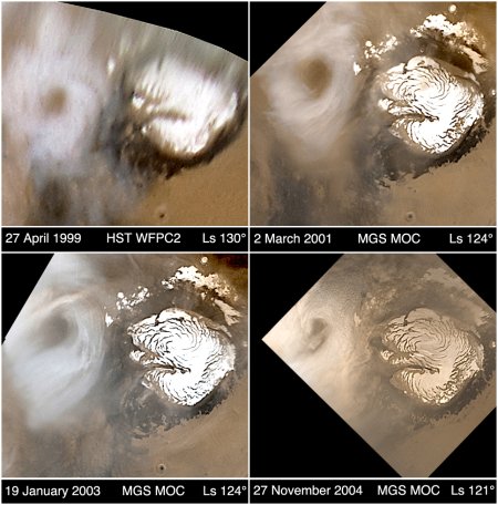 Quatre photos du pôle nord de Mars à une année martienne d'intervalle.