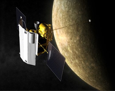 Vue d'artiste de MESSENGER en orbite autour de Mercure