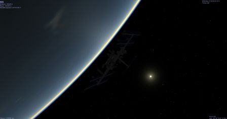 L'ISS sur fond de Terre et de Soleil dans le logiciel Celestia.