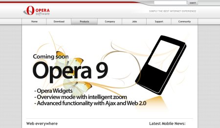 Capture du site d'Opera à propos d'Opera Mobile 9.